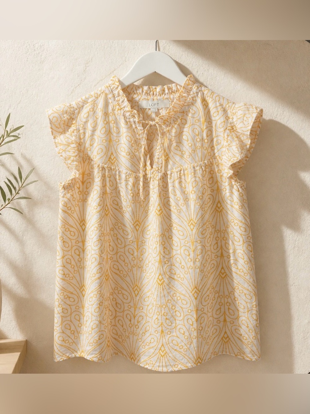 LOFT Cream Top with Yellow Paisley Print and Ruffle Sleeves